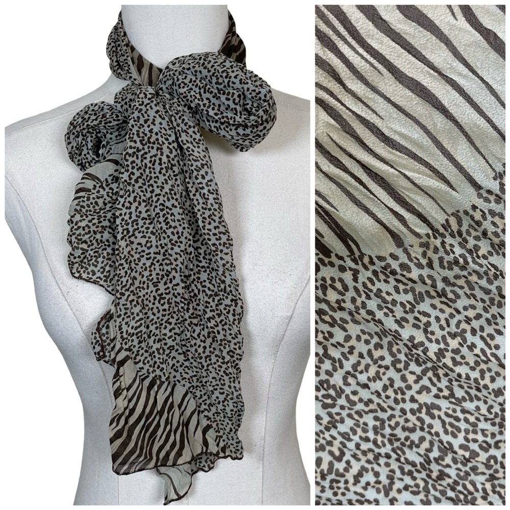 Vintage Silk Animal Print Scarf Wrap‎ Tan Brown Neutral Boho Safari Y2K Chiffon
